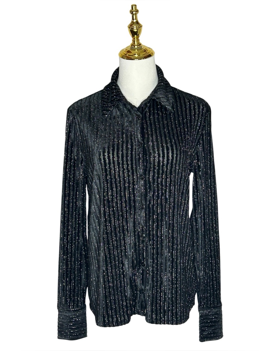 House of Harlow 1960 Whimsigoth Black Shimmery Stripe Button-Down Shirt Sz S